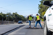 Caltrans workers prepping the surface of the asphalt on Southbound/Northbound 19th Avenue from Sloat Boulevard to Holloway Avenue as work continues on the third of three weekend closures for the 19th Avenue Rehabilitation Project.