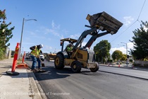 Caltrans workers using heavy equipment to prepare the resurface of SR-1 to replace the existing asphalt pavement on Southbound/Northbound 19th Avenue from Sloat Boulevard to Holloway Avenue as work continues on the third of three weekend closures for the 19th Avenue Rehabilitation Project.