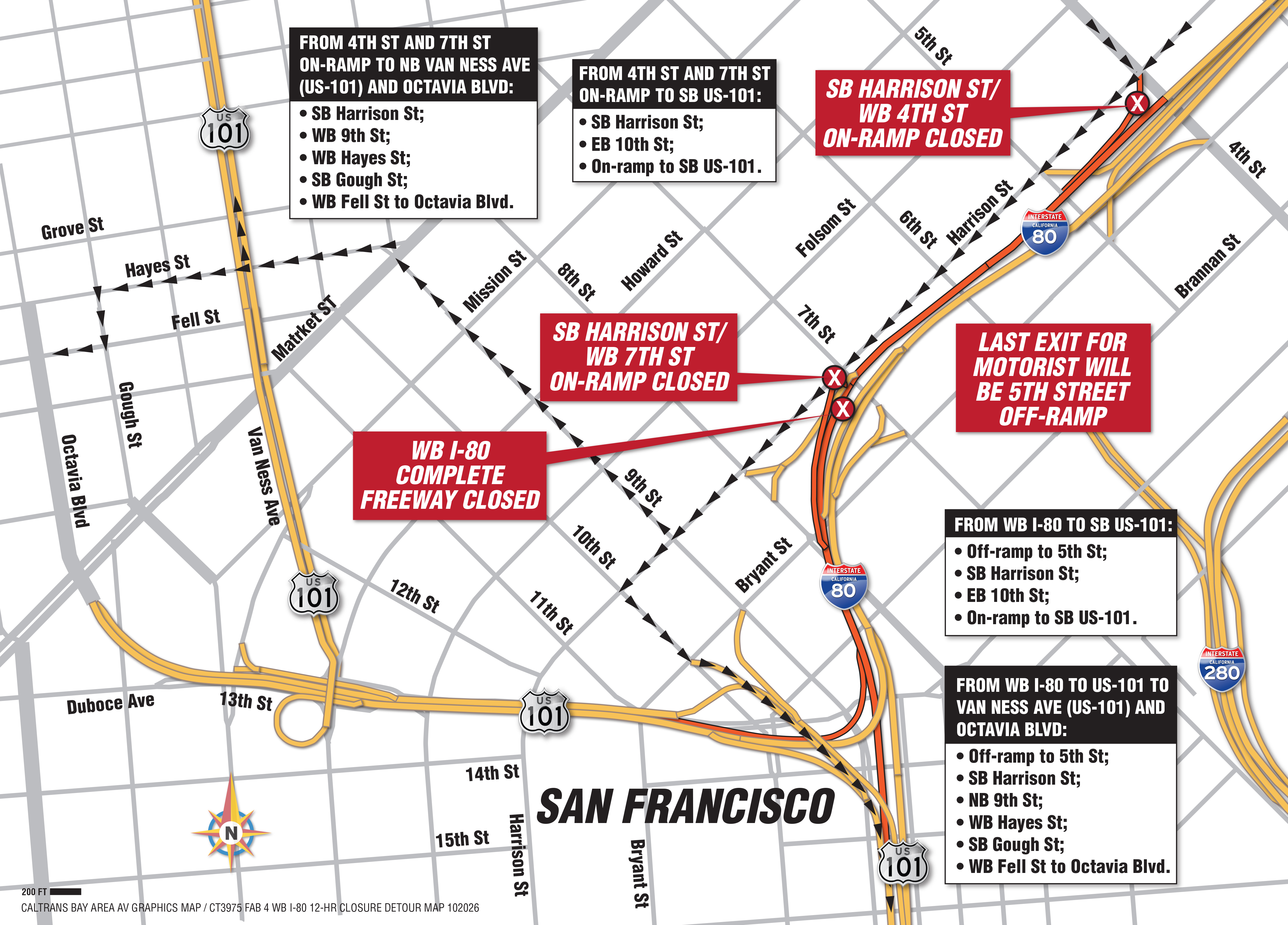 WB I-80 Complete Freeway Closures Detour Map. Detour from 4th st and 7th St on-ramp to NB Van Ness Ave (US-101) and Octavia blvd: SB Harrison St; WB 9th St; WB Hayes St; SB Gough St; WB Fell St to Octavia Blvd. Detour from 4th St and 7th St On-Ramp to SB US-101: SB Harrison St; EB 10th St; On-ramp to SB US-101. Detours from WB I-80 to SB US-101: Off-ramp to 9th St; SB Harrison St; EB 10th St; On-ramp to SB US-101. Detour from WB I-80 to US-101 to Van Ness Ave (US-101) and Octavia Blvd: Off-ramp to 9th St; SB Harrison St; NB 9th St; WB Hayes St; SB Gough St; WB Fell St to Octavia Blvd. SB Harrison St/WB 4th St On-ramp closed. SB Harrison St/WB 7th St On-ramp closed.  WB I-80 Complete Freeway Closed. Last exit for motorists will be 5th St Off-ramp.