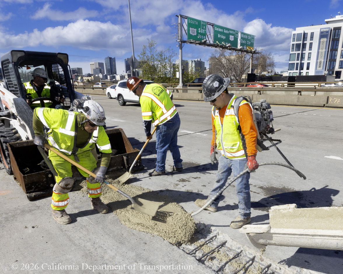 Caltrans working on demolition of the 4th Street off-ramp as part of the US-101 Central Freeway and I-80 Freeway Bayshore Viaduct rehabilitation project, February 21, 2026.