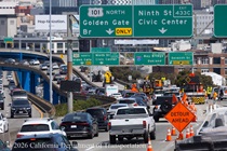 Traffic continues to flow on northbound US-101 past the closed connector to eastbound I-80 on April 18, 2026.