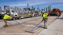 Caltrans crew prepares the new roadway surface on Eastbound I-80 in San Francisco on Saturday, April 18, 2026.