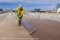 Caltrans crew works to resurface the roadway on eastbound Interstate 80 in San Francisco on April 19, 2026.