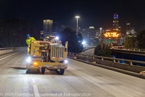Caltrans crews using heavy equipment to prepare the surface for the polyester overlay on the WB I-80 Bayshore Freeway on October 23, 2026. The purpose of this closure is to perform the polyester overlay of the Bayshore viaduct between 4th street and the I-80/US-101 interchange.