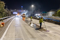 Caltrans crews preparing the surface for the polyester overlay on the WB I-80 Bayshore Freeway on October 23, 2026. The purpose of this closure is to perform the polyester overlay of the Bayshore viaduct between 4th street and the I-80/US-101 interchange.