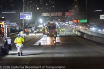 Caltrans crews preparing the surface for the polyester overlay on the WB I-80 Bayshore Freeway as cars are driving on the Eastbound side on October 23, 2026. The purpose of this closure is to perform the polyester overlay of the Bayshore viaduct between 4th street and the I-80/US-101 interchange.