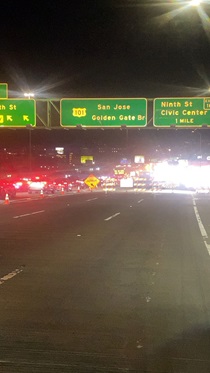 Cars are stopped on Westbound Interstate 80 as Caltrans crews do traffic management for the closure on the WB I-80 Bayshore Freeway on October 23, 2026. The purpose of this closure is to perform the polyester overlay of the Bayshore viaduct between 4th street and the I-80/US-101 interchange.