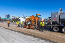 Caltrans crew with heavy equipment applying the polyester overlay on the WB I-80 Bayshore Freeway on October 24, 2026. The purpose of this closure is to perform the polyester overlay of the Bayshore viaduct between 4th street and the I-80/US-101 interchange.