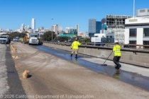 Caltrans crews finishing up the newly completed polyester overlay on the WB I-80 Bayshore Freeway on October 24, 2026. The purpose of this closure is to perform the polyester overlay of the Bayshore viaduct between 4th street and the I-80/US-101 interchange.