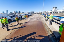 Caltrans crews finishing up the newly completed polyester overlay on the WB I-80 Bayshore Freeway on October 24, 2026. The purpose of this closure is to perform the polyester overlay of the Bayshore viaduct between 4th street and the I-80/US-101 interchange.