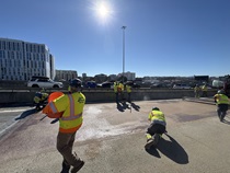 Caltrans crews finishing up the newly completed polyester overlay on lane 1 of the WB I-80 Bayshore Freeway on October 24, 2026. The purpose of this closure is to perform the polyester overlay of the Bayshore viaduct between 4th street and the I-80/US-101 interchange.