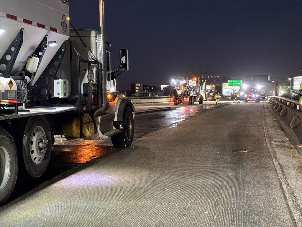 Caltrans crew with heavy equipment applying the polyester overlay on the WB I-80 Bayshore Freeway on October 25, 2026. The purpose of this closure is to perform the polyester overlay of the Bayshore viaduct between 4th street and the I-80/US-101 interchange.
