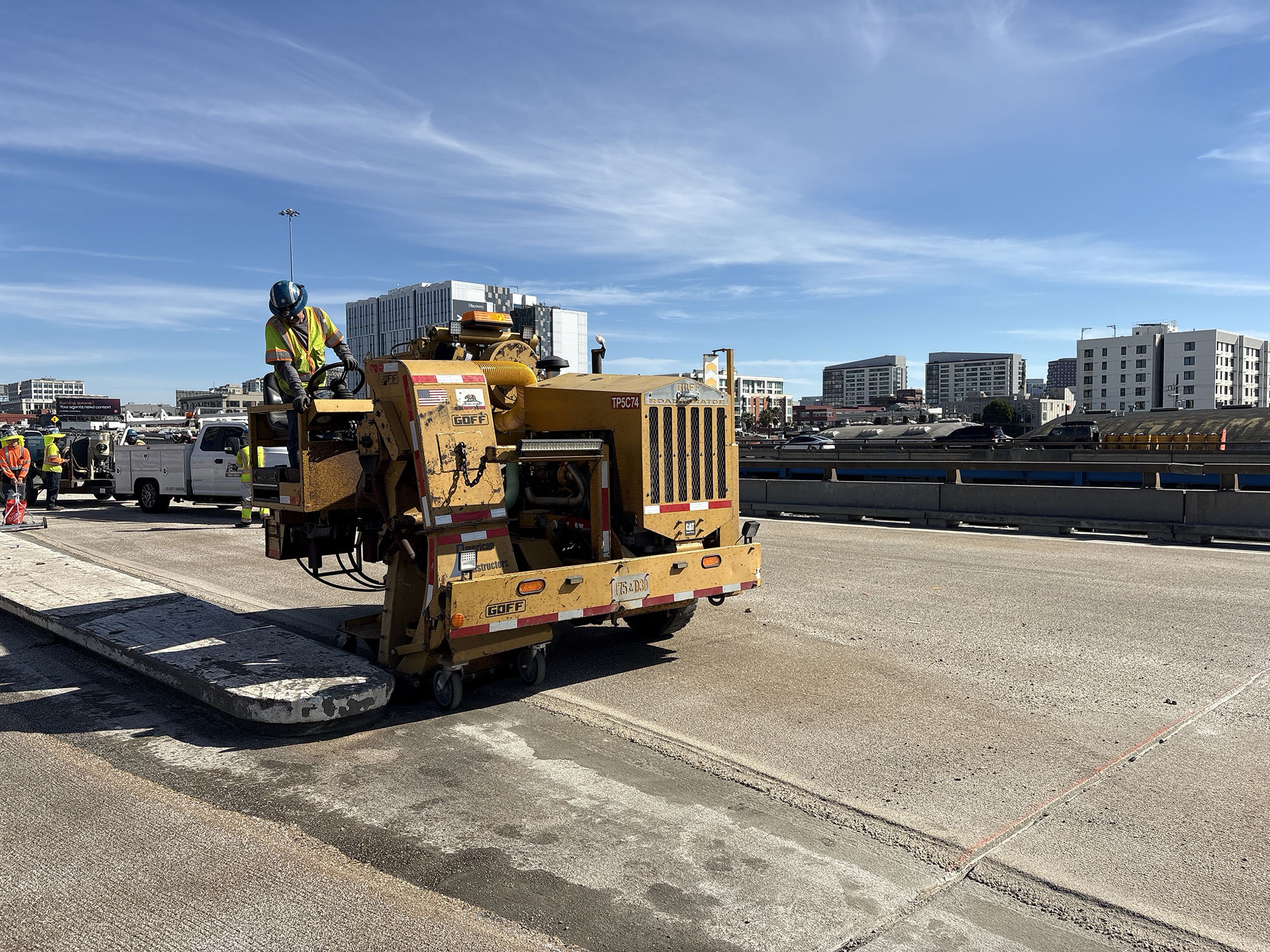 Caltrans crews with heavy equipment finishing up the newly completed polyester overlay on the WB I-80 Bayshore Freeway on October 25, 2026. The purpose of this closure is to perform the polyester overlay of the Bayshore viaduct between 4th street and the I-80/US-101 interchange.