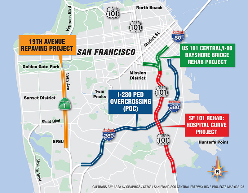 Map showing locations of San Francisco Central Freeway Rehabilitation projects.