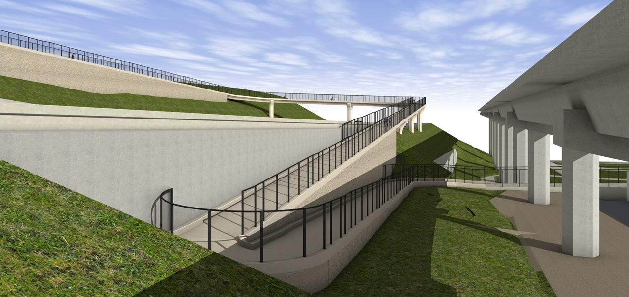 A rendered perspective view looking northbound at the walls of the Farallones Avenue Overcrossing.