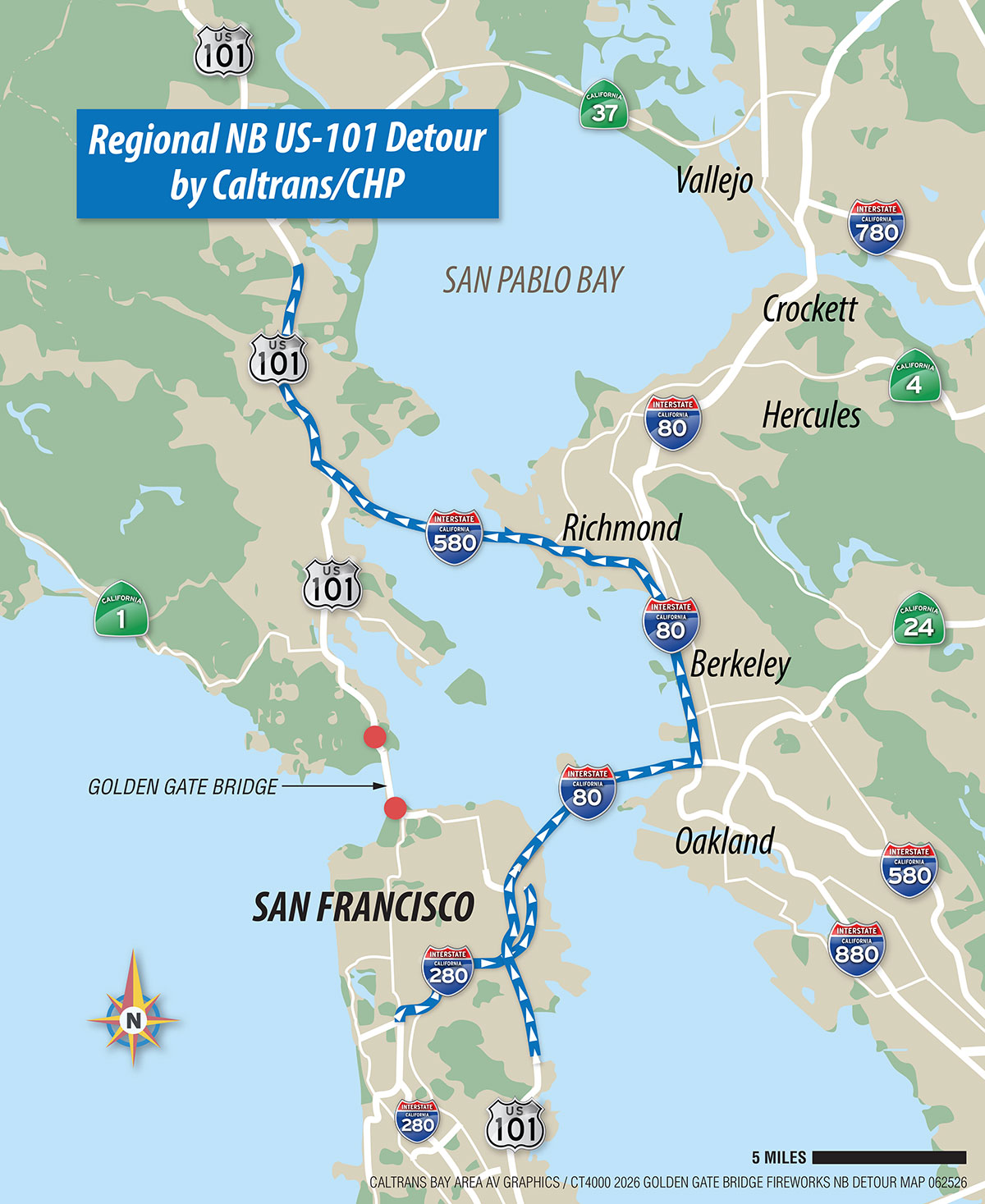 Fourth of July Firework Display at Golden Gate Bridge, July 4, 2026 Regional NB US-101 Detour Map.