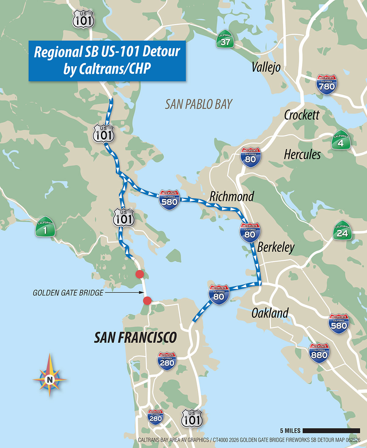 Fourth of July Firework Display at Golden Gate Bridge, July 4, 2026 Regional SB US-101 Detour Map.