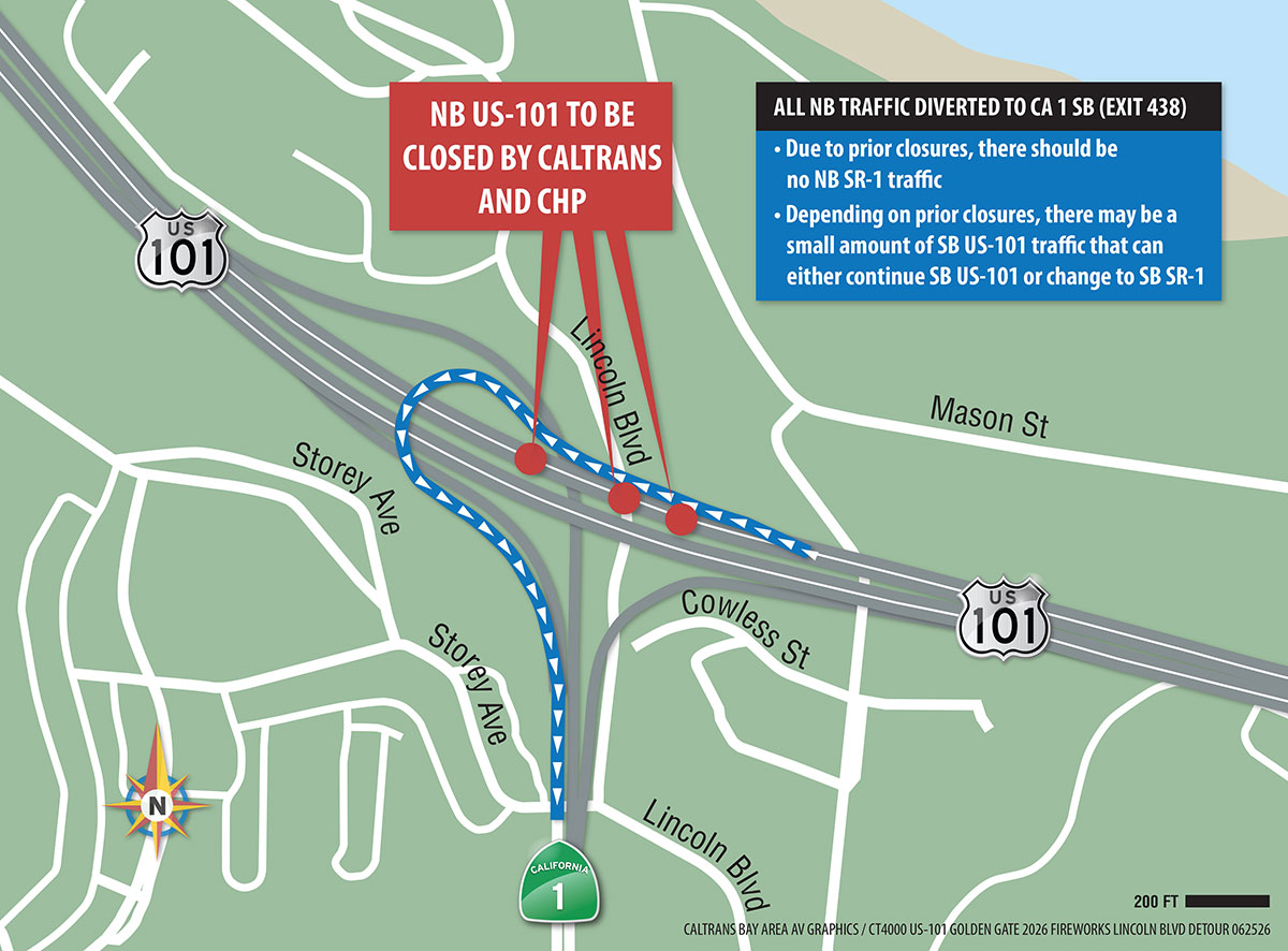 Fourth of July Firework Display at Golden Gate Bridge, July 4, 2026 NB US-101 to be closed Detour Map. All NB Traffic diverted to CA 1 SB (Exit 438). Due to prior closures, there should be no NB SR-1 traffic. Depending on prior closures, there may be a small amount of SB US-101 traffic that can either continue SB US-101 or change to SB SR-1.