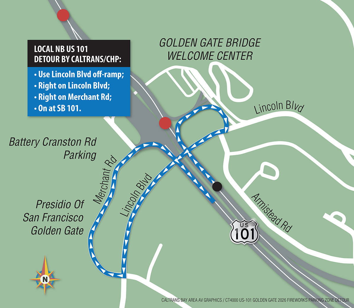 Fourth of July Firework Display at Golden Gate Bridge, July 4, 2026 Local NB US-101 Detour Map. Use Lincoln Blvd. off-ramp; right on Lincoln Blvd.; right on Merchant Rs; on at SB US-101.