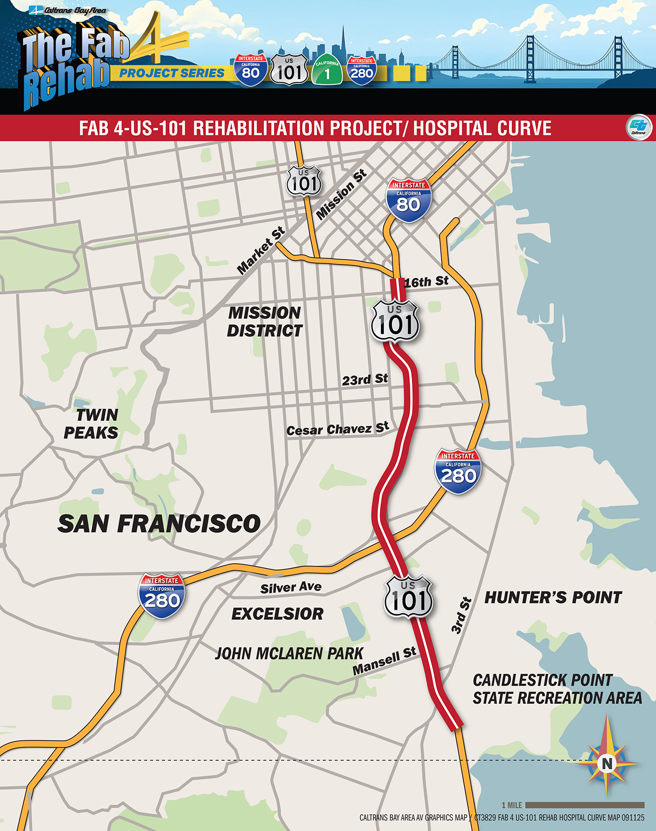 Map of Fab 4 US 101 Rehabilitation Project/Hospital Curve  from Candlestick Point through Hospital Curve.