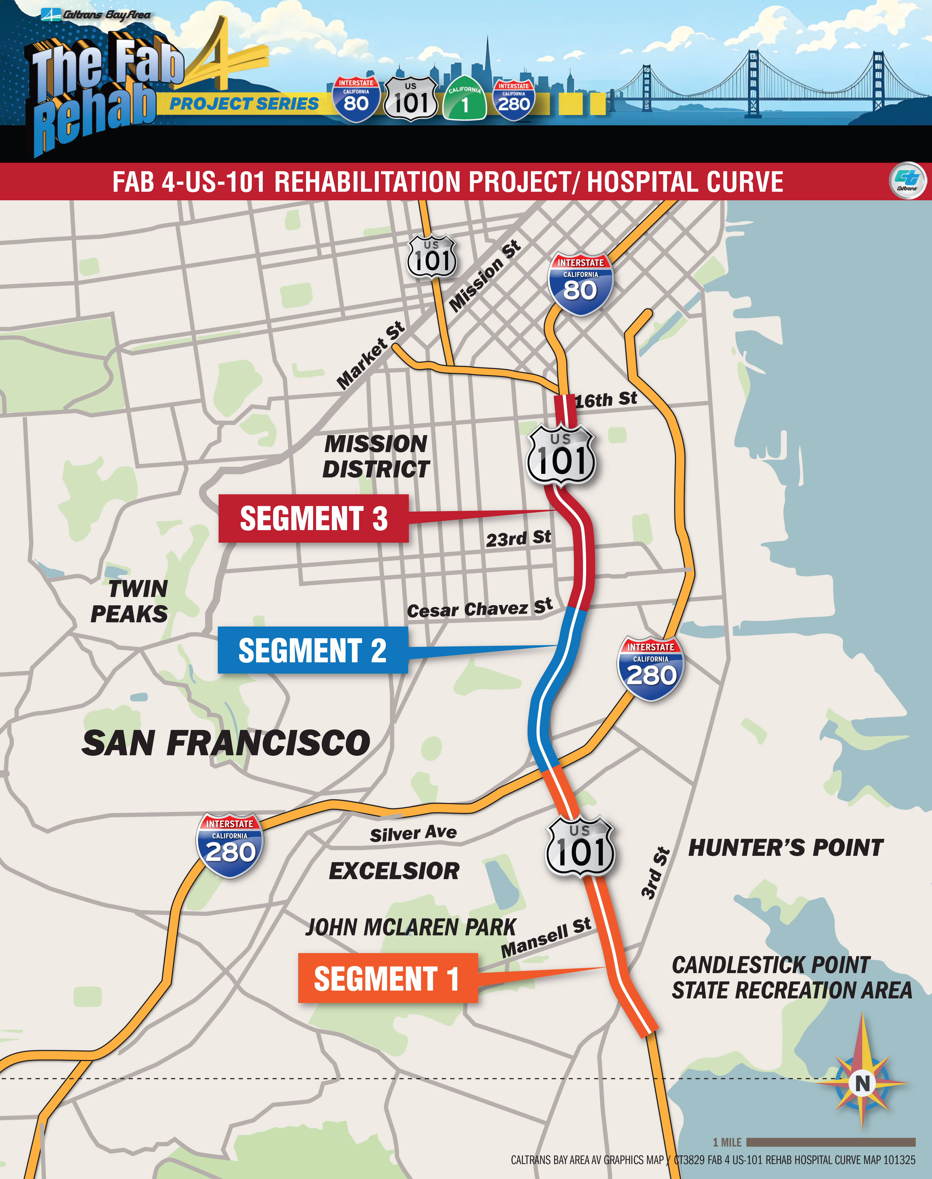 Map of Fab 4 US 101 Rehabilitation Project/Hospital Curve  from Candlestick Point through Hospital Curve.