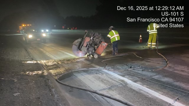 Caltrans cutting concrete on US 101 as part of the U.S. 101 (Hospital Curve) Rehabilitation Project.
