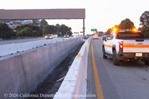 Caltrans truck next to the newly installed median on US 101 in San Francisco on March 15, 2026.