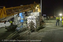 Caltrans uses heavy equipment to prepare the site for the construction of a new median barrier as part of the US 101 Hospital Curve Rehabilitation Project on March 27, 2026.