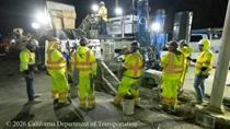 Caltrans crew using heavy equipment to prepare the site for the construction of a new median barrier as part of the US 101 Hospital Curve Rehabilitation Project on March 27, 2026.