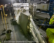 Caltrans crew using slipform paver for the construction of a new median barrier as part of the US 101 Hospital Curve Rehabilitation Project on March 27, 2026.