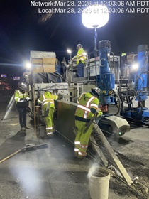 Caltrans crew using slipform paver for the construction of a new median barrier as part of the US 101 Hospital Curve Rehabilitation Project on March 28, 2026.