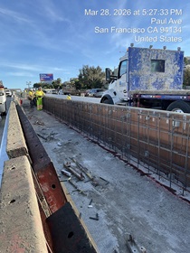 Caltrans working on the new median barrier form for the new median barrier as part of the US 101 Hospital Curve Rehabilitation Project on March 28, 2026.