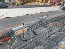 Caltrans installing electrical junction boxes preparing the site for the construction of a new median barrier as part of the US 101 Hospital Curve Rehabilitation Project on March 28, 2026.