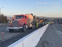 Caltrans crew using heavy equipment to prepare the site for the construction of a new median barrier as part of the US 101 Hospital Curve Rehabilitation Project on March 28, 2026.