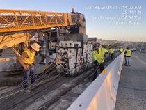 Caltrans crew using slipform paver for the construction of a new median barrier as part of the US 101 Hospital Curve Rehabilitation Project on March 28, 2026.