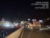 Cars traveling on US 101 as Caltrans is working on the construction of a new median barrier as part of the US 101 Hospital Curve Rehabilitation Project on March 28, 2026.