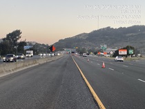 Cars traveling on US 101 as Caltrans continues construction of a new median barrier as part of the US 101 Hospital Curve Rehabilitation Project on March 28, 2026.