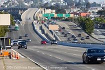 Cars traveling on US 101 as Caltrans completes construction of a new median barrier as part of the US 101 Hospital Curve Rehabilitation Project on March 29, 2026.