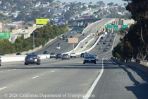 Cars traveling on US 101 as Caltrans completes construction of a new median barrier as part of the US 101 Hospital Curve Rehabilitation Project on March 29, 2026.