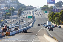Cars traveling on US 101 as Caltrans completes construction of a new median barrier as part of the US 101 Hospital Curve Rehabilitation Project on March 29, 2026.