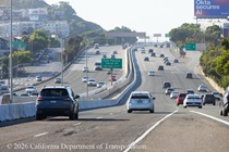 Cars traveling on US 101 as Caltrans completes construction of a new median barrier as part of the US 101 Hospital Curve Rehabilitation Project on March 29, 2026.