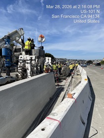 Caltrans crew using slipform paver for the construction of a new median barrier as part of the US 101 Hospital Curve Rehabilitation Project on March 29, 2026.
