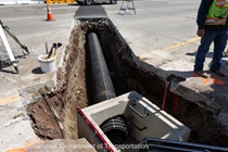 New drainage infrastructure is installed in a trench as part of the work on U.S. 101 in San Francisco on August 22, 2026.