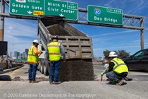 A truck dumps fill into a trench as part of the installation of new drainage infrastructure on on U.S. 101 in San Francisco on August 22, 2026.