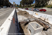New drainage infrastructure is installed in the median of U.S. 101 in San Francisco on August 22, 2026.