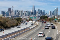 Traffic flows on U.S. 101 during the closure of lanes 1 and 2 in each direction of U.S. 101 in San Francisco while Caltrans performs work on the median.
