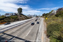 Traffic flows on U.S. 101 during the closure of lanes 1 and 2 in each direction of U.S. 101 in San Francisco while Caltrans performs work on the median.