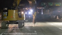 Caltrans using an excavator with a hydraulic breaker to demolish old concrete pavement on northbound U.S. 101 Bayshore Freeway (Hospital Curve) in San Francisco on September 4, 2026.