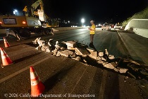 Caltrans worker next to demolished concrete pavement panels on northbound U.S. 101 Bayshore Freeway (Hospital Curve) in San Francisco on September 4, 2026.