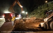 Caltrans worker inspecting demolished concrete pavement panels as heavy equipment operates on northbound U.S. 101 Bayshore Freeway (Hospital Curve) in San Francisco on September 4, 2026.
